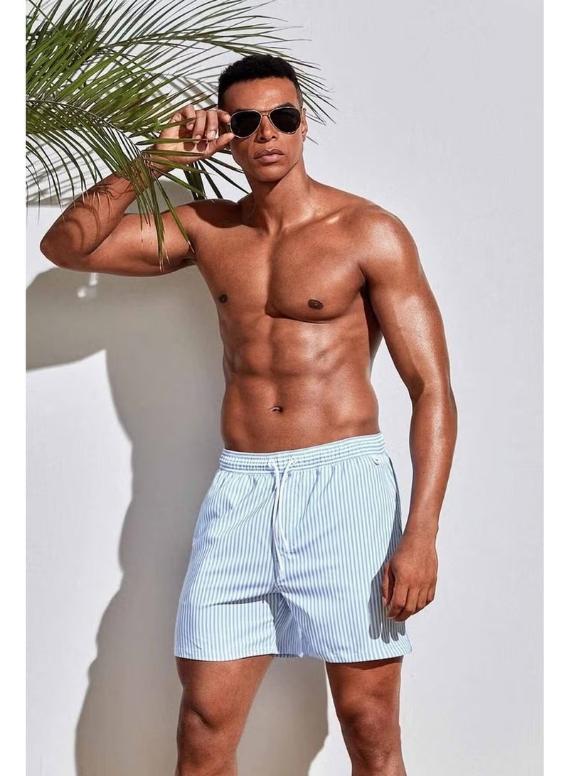 Angelsin Men's Basic Standard Size Thin Striped Printed Swimsuit with Pocket Swim Shorts - Image 1